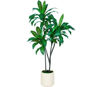 VIVATREES 5ft Tall Faux Dracaena Tree with White Tall Planter, Artificial Plants with Natural Wood Trunk and Lifelike Leaves for Home Office Decor,