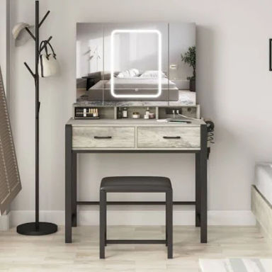 Tri-Fold Mirror Makeup Vanity Table with Lights Latitude Run