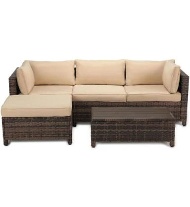 3-Piece Wicker Patio Sectional Seating Set with Beige Cushions