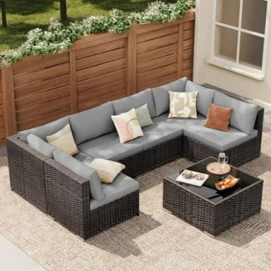 7-Piece Outdoor Sectional Patio Furniture Set, PE Rattan Conversation Set with Cushions and Glass Coffee Table, Gray
