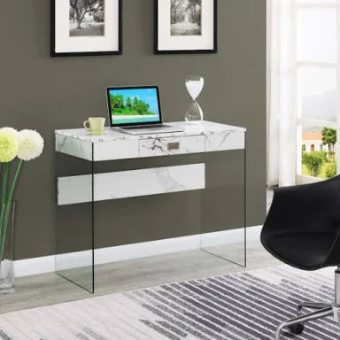 Convenience Concepts Soho Glass Desk White Marble