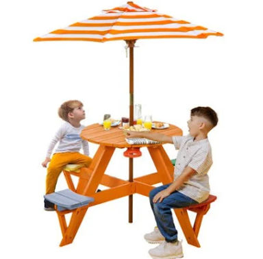 Kids Picnic Table & Stool Set, Outdoor Wood Round Table & 4 Bench, Toddler Picnic Table Set w/Height Adjustable Umbrella, Children Activity Table w/