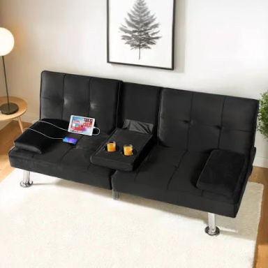 Flexispot XCT3 Futon Sofa Bed - Folding Convertible Sleeper Couch w/ 2 USB Charging Ports, 2 Cup Holders, Removable Armrests, Adjustable Guest Bed for