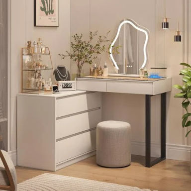 Miifuny Corner Vanity Desk with Mirror and Lights, Modern Makeup Vanity with Charging Station, Extendable Dressing Table with Drawers and Dresser