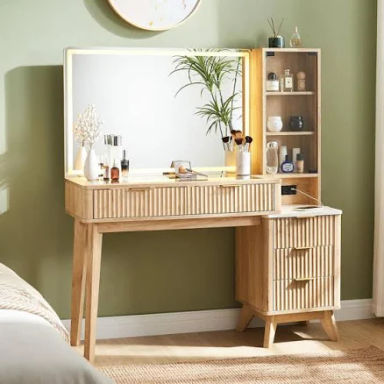 Carsin 48" Fluted Makeup Vanity Desk with 36" Big Lighted Mirror, Wood Bedroom Vanity with Lights & Glass Top, Charging Station Wade Logan Color: Oak