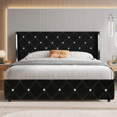 HOMBCK Queen Size Bed Frames with Headboard, Black Velvet Queen Bed Frame with Wingback, Upholstered Bed Frame with Diamond Headboard, Wood Slat