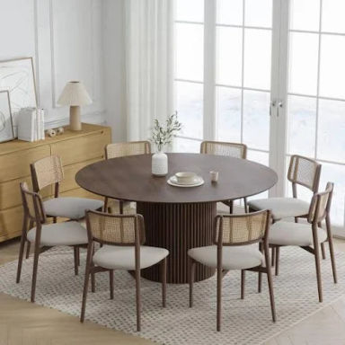 60 in. Natural Oak Wood Walnut Color Column Pedestal Round Kitchen Table Dining Table Seats 6