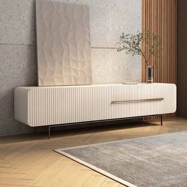 New Customer Offer - Modern Furniture - 79" Modern Fluted TV Stand with Gold Legs, Beige Media Console with Drawers, Shelf, for 70-75 inch TVs, Fully