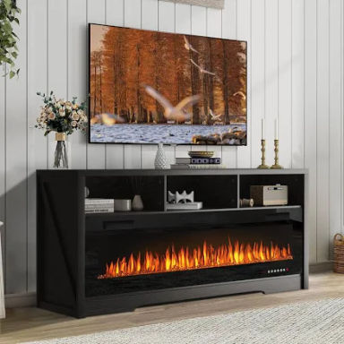 BOSSIN Fireplace 65" TV Stand for TVS Up to 75" TV with 60" Electric Fireplace,Entertainment Center with Open Shelve Storage - Black