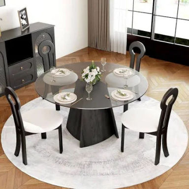 Modern 53.15 in. Round Tempered Glass Tabletop Dining Table with Black Pedestal Base in Black (Seats 6)
