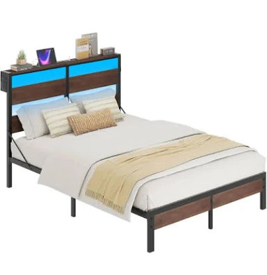 Bestier Queen Bed Frame with Storage Headboard and Charging Station Walnut