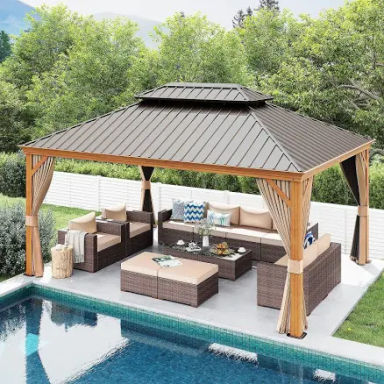 Patiorama 12’ x 16’ Hardtop Gazebo, Outdoor Wood Grain Frame Aluminum Gazebo with Galvanized Steel Double Vented Roof Canopy, W/Shaded Curtains and