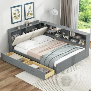 Bellemave Full Corner Bed Frame, Full Size Captains Bed, Wood Full Size Daybed with L-Shaped Bookcase and 2 Drawers,Full Daybed with Storage