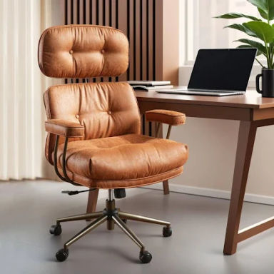 ovios Ergonomic Home Office Chair, Mid-Century Modern Faux Leather Chairs with Thickened Cushions, Comfy High Back Swivel Rolling Executive Computer