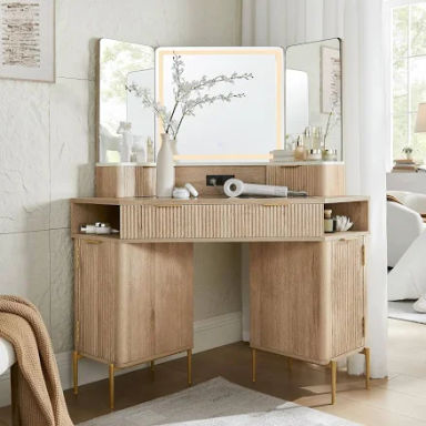 Okd Modern Fluted Corner Vanity Desk, 48" Corner Makeup Vanity Desk with 3 Way Smart Mirror and Lights, Oak Vanity Desk with Charging Station and 3