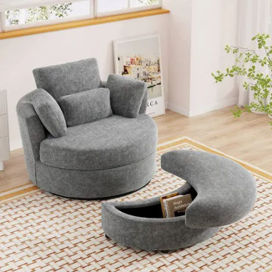JEEOHEY Oversized Swivel Accent Chair with Half Moon Storage Ottoman, 42'' W Chenille Round Swivel Barrel Chair, Modern Upholstered Comfy Single