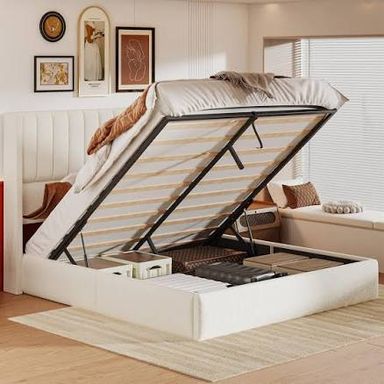 Serein 55" Tall Headboard Queen Bed Frame with Storage, Lift Up Storage Bed Queen, Upholstered Bed Frame, Boucle Soft Cloud Bed with Wood Slats