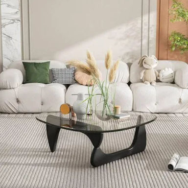 Mid-Century Modern Coffee Table - Triangle Glass Top Natural Wood Base Triangle Coffee Table for Living Room Patio Office Abstract End Tables (Black