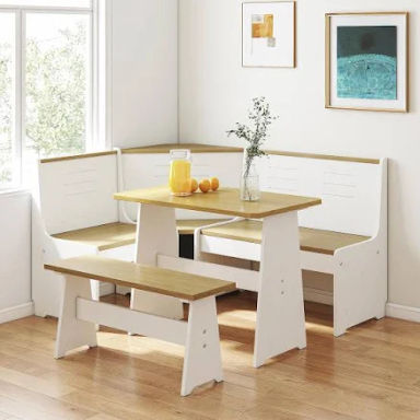 Koby Home Breakfast Nook Kitchen Corner Dining Table Bench Chair Set, Space-Saving 3-4 Seat L-Shape for Family Home White Wood