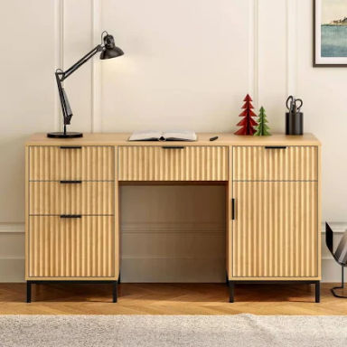 MoomJiee Fluted Executive Desk with File Drawer, 55" Large Computer Desk with Storage and Charging Station, Modern Wooden Home Office Desk for