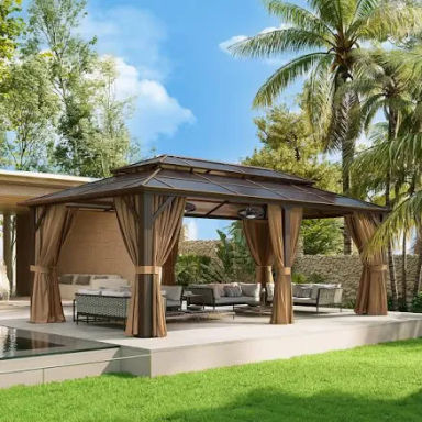 Aoxun 12'x20' Hardtop Gazebo, Aluminum Frame Permanent Pavilion with Netting and Curtains, Outdoor Polycarbonate Double Roof Canopy with Ceiling Fan
