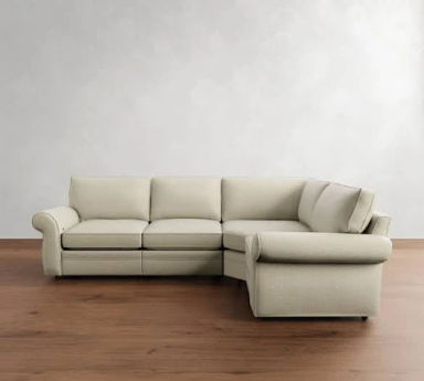 Pearce Roll Arm Upholstered 4-Piece Reversible Reclining Wedge Sectional, Down Blend Wrapped Cushions, Heathered Chenille Stone | Pottery Barn