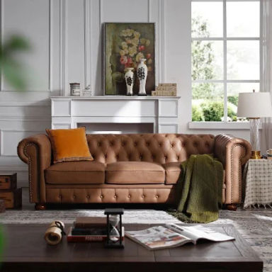 Tiophome Classic Chesterfield Sofa Leather, Modern PU Tufted Couch 3 Seater with Rolled Arms and Nailhead for Living Room, Bedroom, Office,