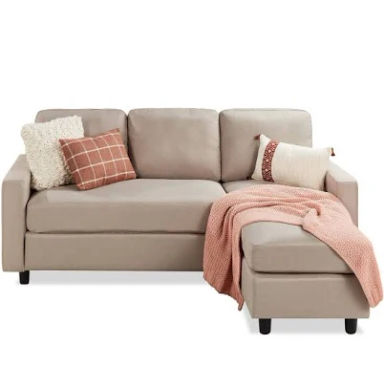 Best Choice Products Linen Sectional Sofa Couch w/ Chaise Lounge, 3-Seat Design, Reversible Ottoman Bench - Beige