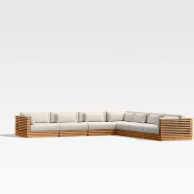 Batten Natural Teak 7-Piece L-Shaped Outdoor Sectional Sofa with Oat Cushions | Crate & Barrel