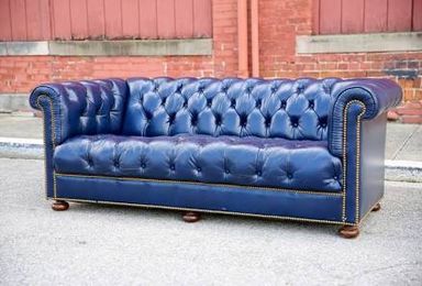 Vintage Chesterfield Sofa Blue Leather Wood Bun Feet Loeblein Bros Usa