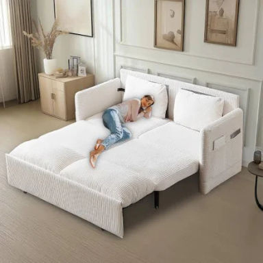 3 in 1 Convertible Pull Out Couch Queen Size Sleeper Sofa Bed, Corduroy Futon Couch Pullout Chaise Lounge Loveseat Sofa Bed with Pillows Armrest,