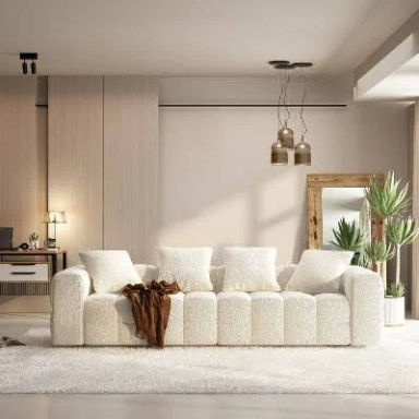 100.8"W Famapy Modern 4-Seat White Teddy Velvet Sofa with Solid Wood Base