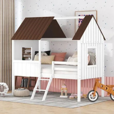 House Bed for Kids,Low Loft Bed Frames Twin Size,Wood Toddler House Bed with Two Side Windows and Roof for Kids/Teens/Girls/Boys,White
