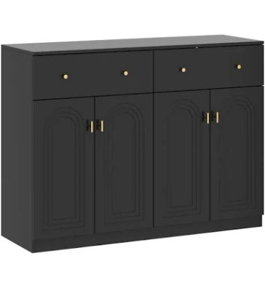Homsee Shoe Cabinet in Black Wood, Shoe Rack with 2 Drawers and Four Doors and Metal Handles - Black