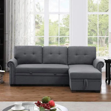 86'' Upholstered Sleeper Pull Out Sofa Couch with Storage Chaise Red Barrel Studio Fabric: Dark Gray