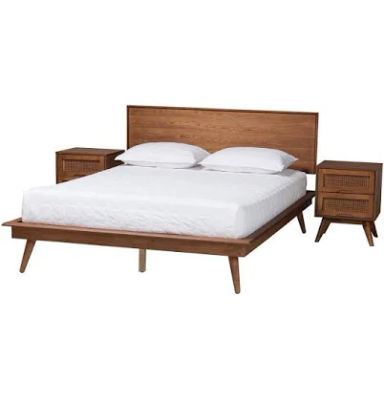 Baxton Studio Melora Wood and Rattan 3 Piece Queen Bedroom Set in Walnut Brown
