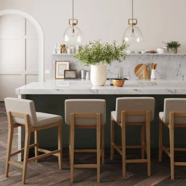 Gracie Modern Bar Stool, Boucle Upholstered Chair and Brushed Wooden Legs - Set of 4 - Flax/Light Brown - Counter Height