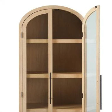 Saracina Home 76" 5 Shelf Arched Bookcase Cabinet Coastal Oak: Tempered Glass Doors, Modern Design