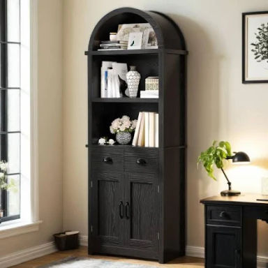 YITAHOME Tall Arched Bookshelf with Storage, Black Arched Bookcase with 2 Drawers and Doors, Arch Wooden Bookshelf Black Storage Cabinet for Living