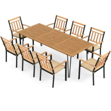 9 Pieces Patio Dining Outdoor Furniture Set with 8 Chairs and Umbrella Hole | Costway