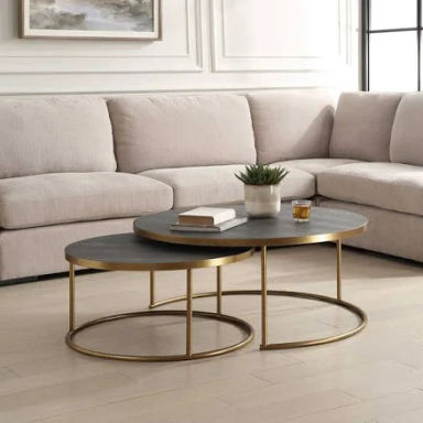 Uttermost Aragon Gray Shagreen Top with Brass Base Set of 2 Modern Round Nesting Coffee Tables