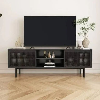 Weselon TV Stand for TVS Up to 70 inch, Accent Iron Rattan Storage Cabinet Television Stands Entertainment Media Center Console Table with Sliding