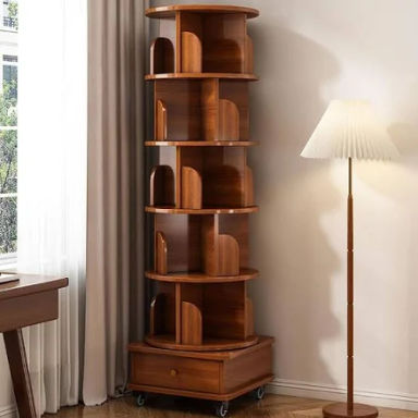 HRVEOCEI 6-Tier Round Rotating Bookshelf with Storage Drawer, Mid-Century 360 Spinning Bookcase Tower with Wheels,68" Revolving Wood Bookshelf for