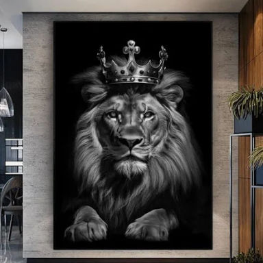 Wallvelart Lion Canvas Wall Art Black and White Animal Pictures Lion with Crown Wall Art Abstract Lion Print Lion Painting Lion Poster Black and White