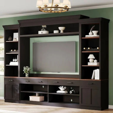 Farmhouse 4-Piece Entertainment Wall Unit Set with Bookshelf for TVS Up to 70", Walnut TV Stand with Adjustable Shelves - Black