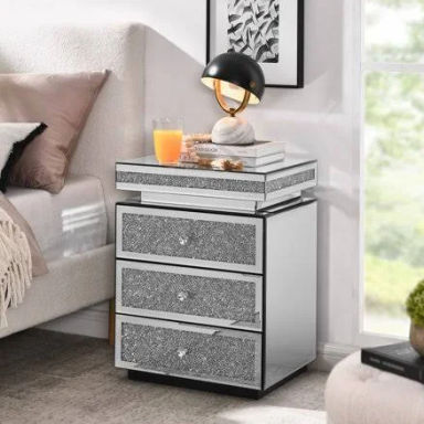 Mirrored Nightstand with 3 Drawers, Silver Nightstand with Crystal Inlay, Mirror End Table, Modern Bedside Table, Glass Table for Bedroom, 13.8''W x