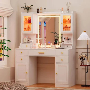 Cszzd Vanity Desk with Mirror, Lights and Charging Station - Large Makeup Table Set with RGB Cabinets and 3 LED Light Modes, White