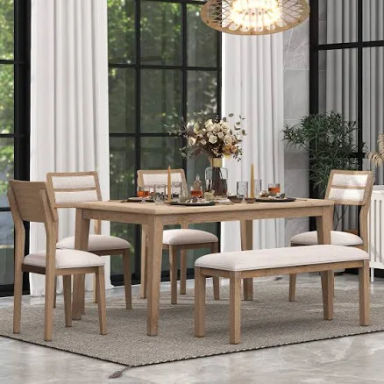 Harper & Bright Designs 6-Piece Dining Set, Classic Style, Natural Wood Wash, Rubber Wood & MDF, Upholstered Chairs & Bench