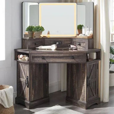 Okd 48 inch Corner Vanity Desk with Lighted Mirror & Charging Station, Farmhouse Makeup Vanity Table with Glass Top, 3 Drawers & 2 Cabinets, Dark