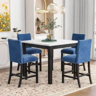 Merax Dining Table Set for 4, Counter Height Dining Table Set with Faux Marble Dining Table and 4 Upholstered-Seat Chairs, 5 Piece Dining Room Table